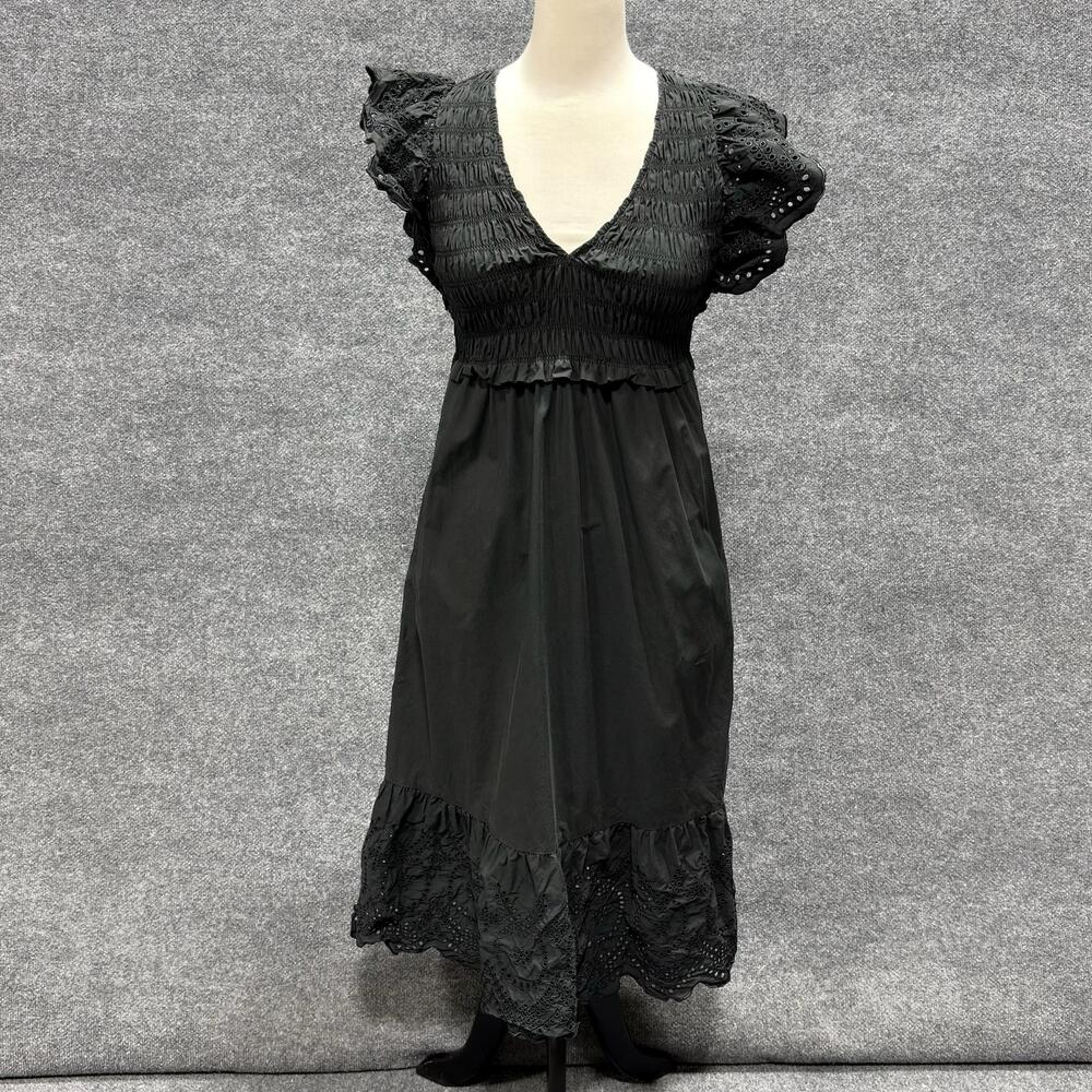Rails Dress Womens XS Black Smocked V Neck Flutter Sleeve Eyelet Maxi Boho Chic